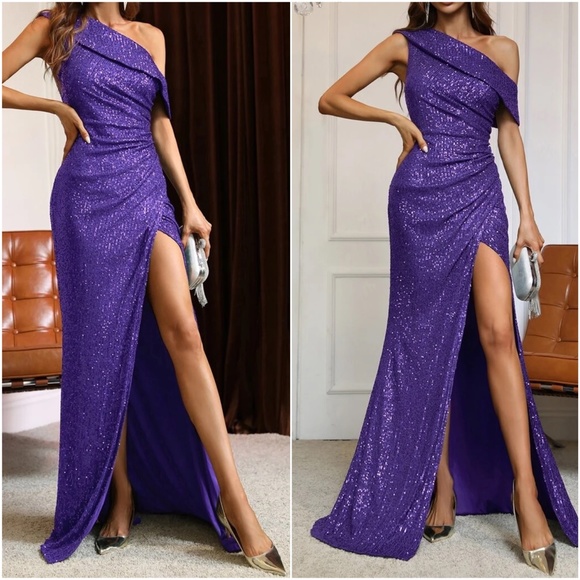 Luxe Sequin Split Thigh One Shoulder Party Wedding Formal Dress - Picture 6 of 9